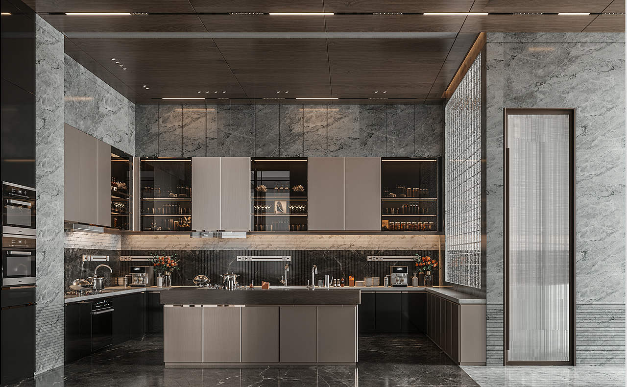 在餐厅位置定制了一组红酒柜,红酒柜使用茶色玻璃门板,既能阻挡一部分自然光线,保护红酒的品质,又能结合柜子内的灯光增加餐厅的浪漫气息。餐厅选用一张大理石做台面的餐桌,无主灯设计,营造了餐厅的时尚感。
A set of wine cabinets are customized in the restaurant location. The wine cabinets use tan glass door panels, which can not only block part of the natural light, protect the quality of red wine, but also increase the romantic atmosphere of the restaurant combined with the lighting inside the cabinets. The dining room chooses a marble table to make mesa, no main lamp design, built the fashionable feeling of the dining room.