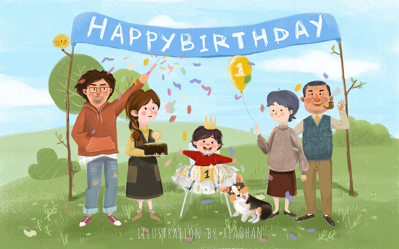 宝宝一岁生日全家福|插画|儿童插画|仙贝xianbei - 原创作品 - 站酷