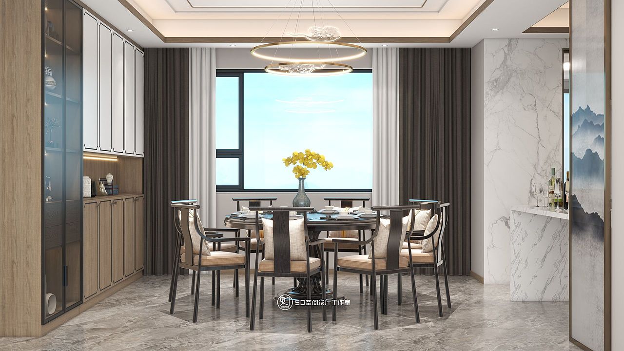 90空间设计∣260㎡,对称布局+水墨画搭配出的中式浪漫