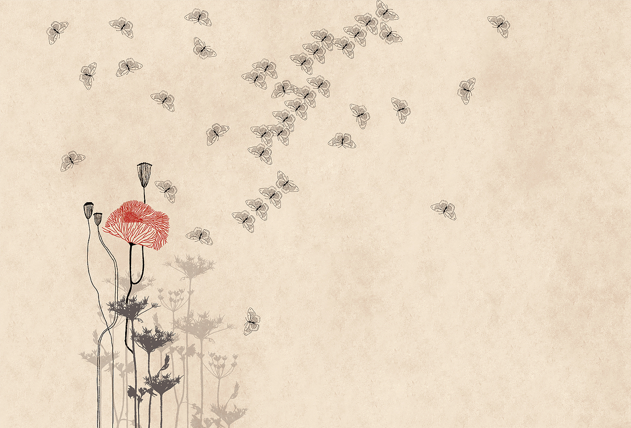 masar玛撒定制壁画别墅loft挑高玄关壁纸卡其色电视背景墙纸引蝶