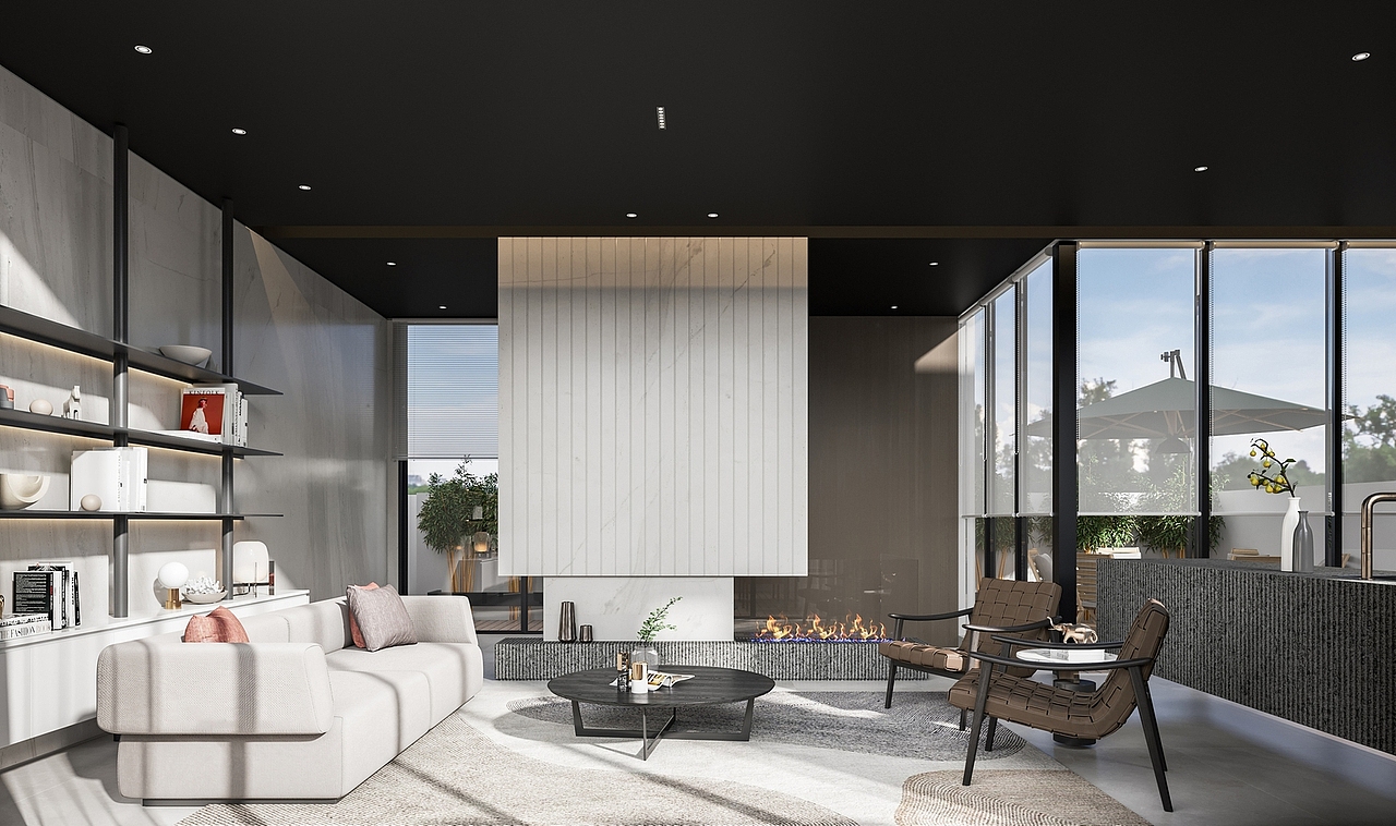 侘寂风奶油茶色别墅带庭院样板房效果图