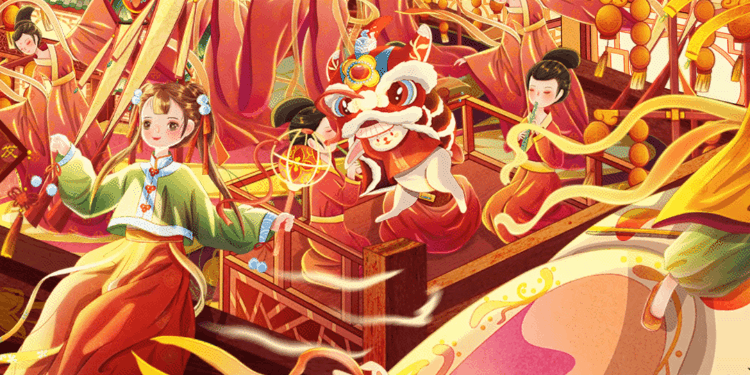 2023年新春氛围国风插画--流光溢彩闹卯兔