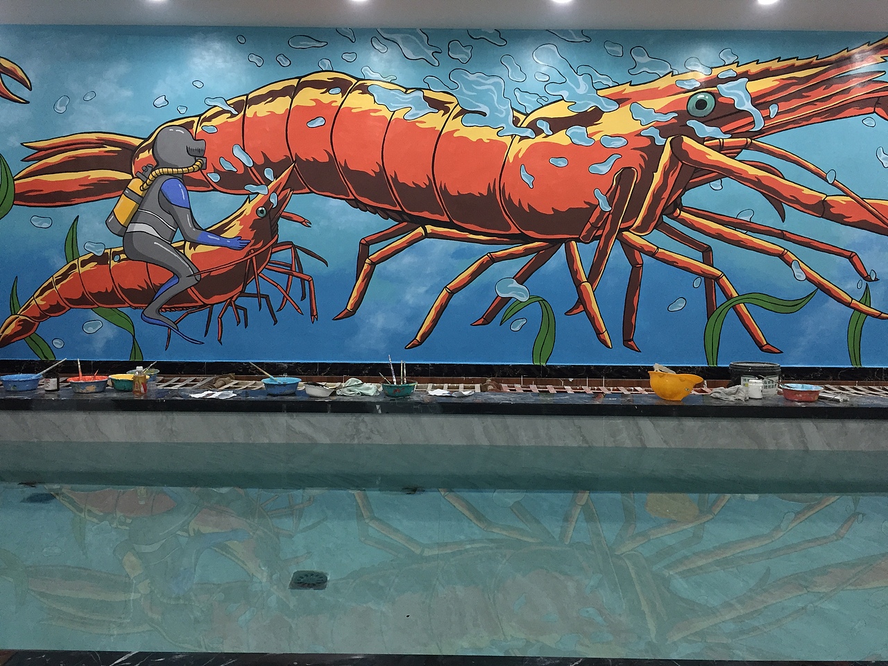 拉虾·钓虾馆墙绘插画(已商用)