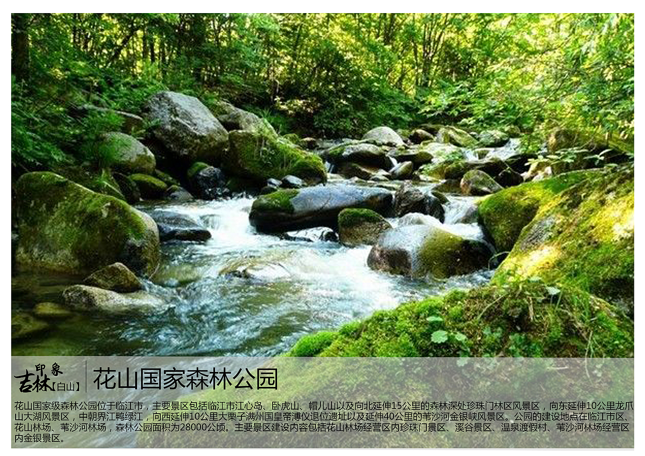 花山国家级森林公园位于临江市,主要景区包括临江市江心岛、卧虎山、帽儿山以及向北延伸15公里的森林深处珍珠门林区风景区,向东延伸10公里龙爪山大湖风景区,中朝界江鸭绿江,向西延伸10公里大栗子满州国皇帝溥仪退位遗址以及延伸40公里的苇沙河金银峡风景区。公园的建设地点在临江市区、花山林场、苇沙河林场,森林公园面积为28000公顷。主要景区建设内容包括花山林场经营区内珍珠门景区、溪谷景区、温泉渡假村、苇沙河林场经营区内金银景区。