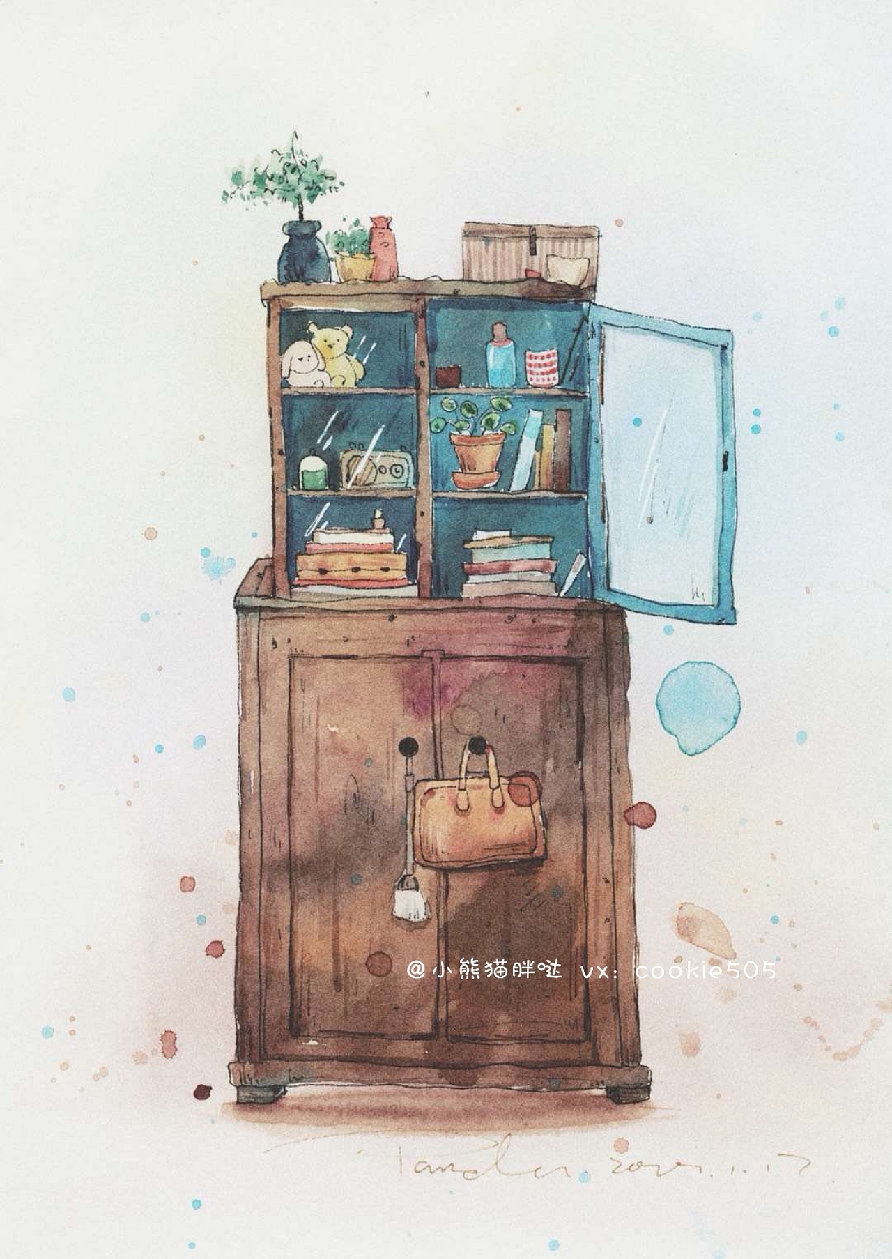 小熊猫课堂手帐素材水彩画卡通画储物柜书柜画78