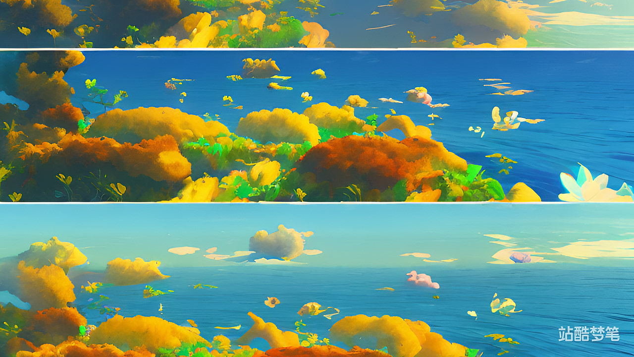 #站酷梦笔#天空大海融合,阳光照耀,可爱的动物和植物