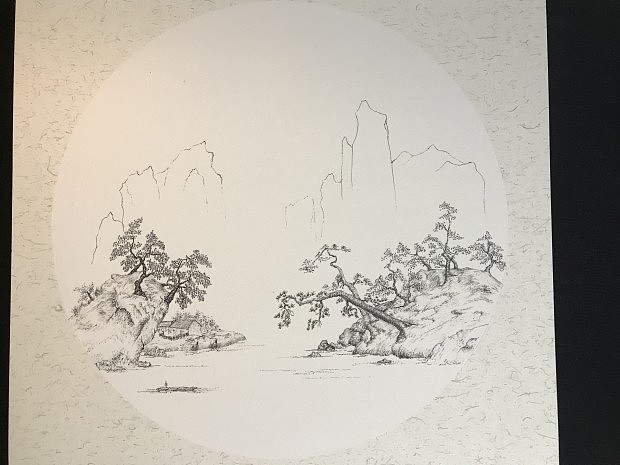 山水画钢笔签字笔绘画作品