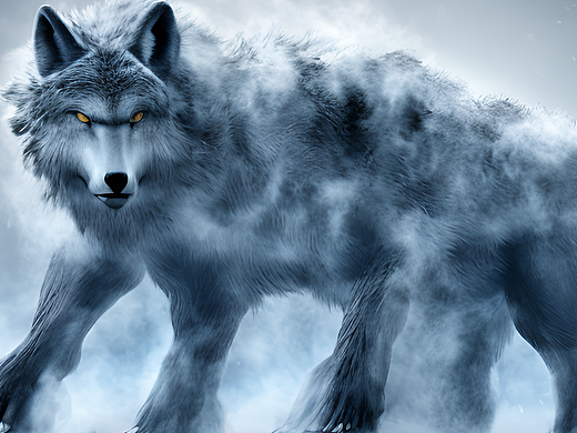 巨狼，飘雪，蓝色大片烟雾，毛发细致，烟雾缭绕，高清