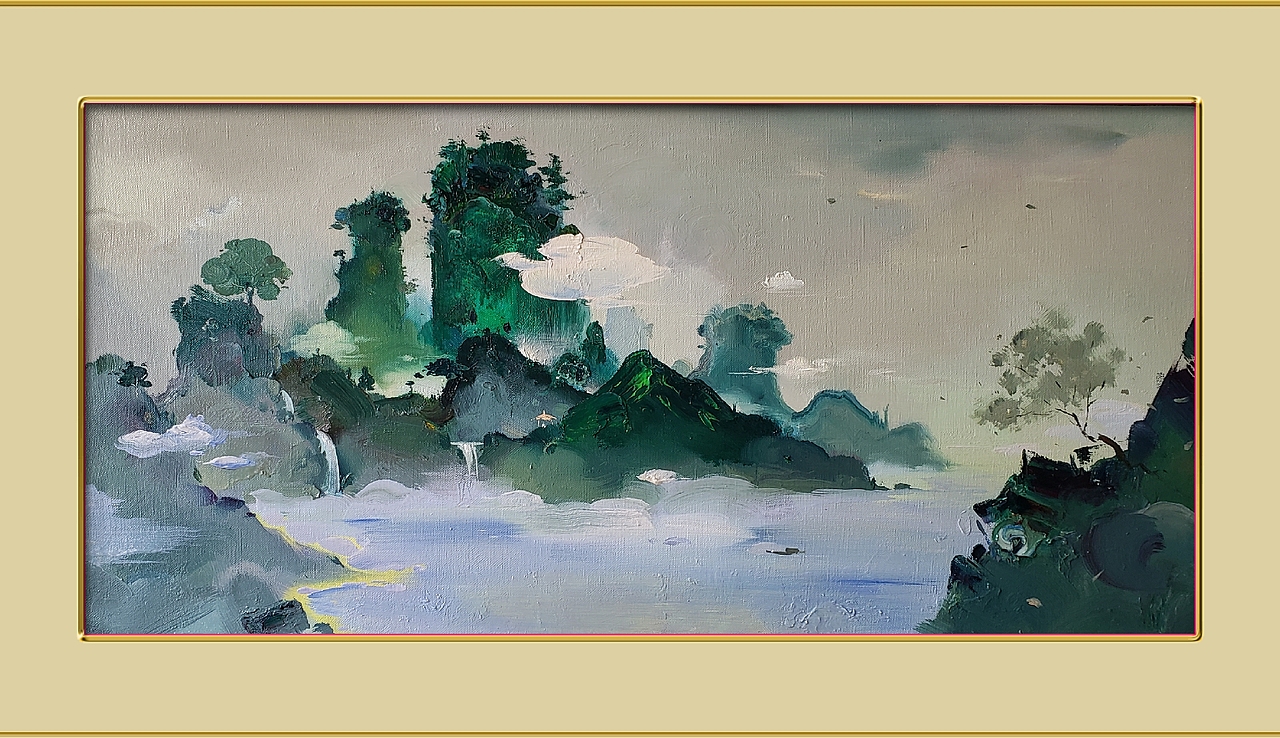 写意油画山水北冥归舟图