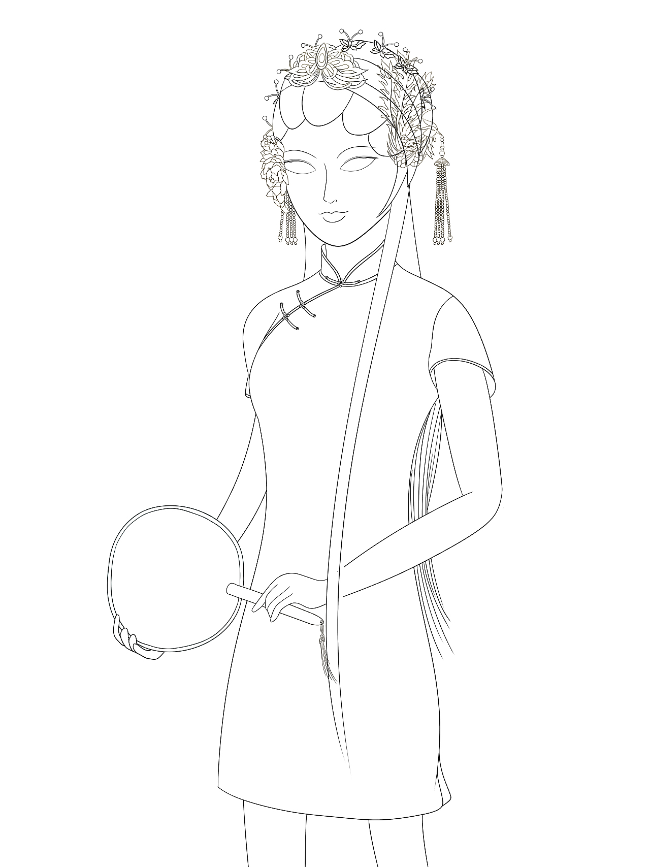 手绘国潮京剧旗袍女孩插画