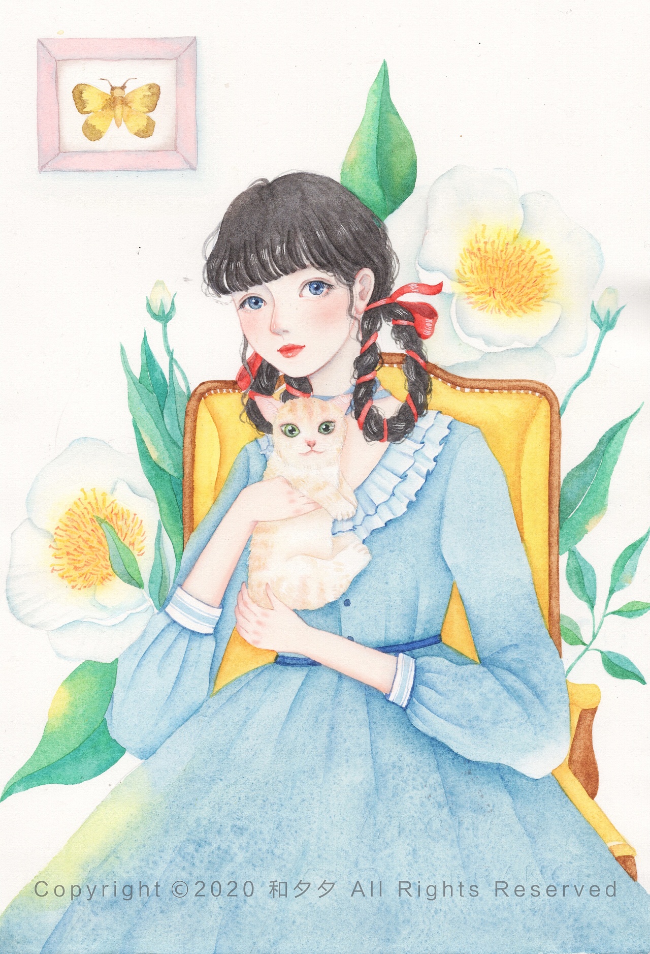 水彩画-《女孩儿和猫咪》