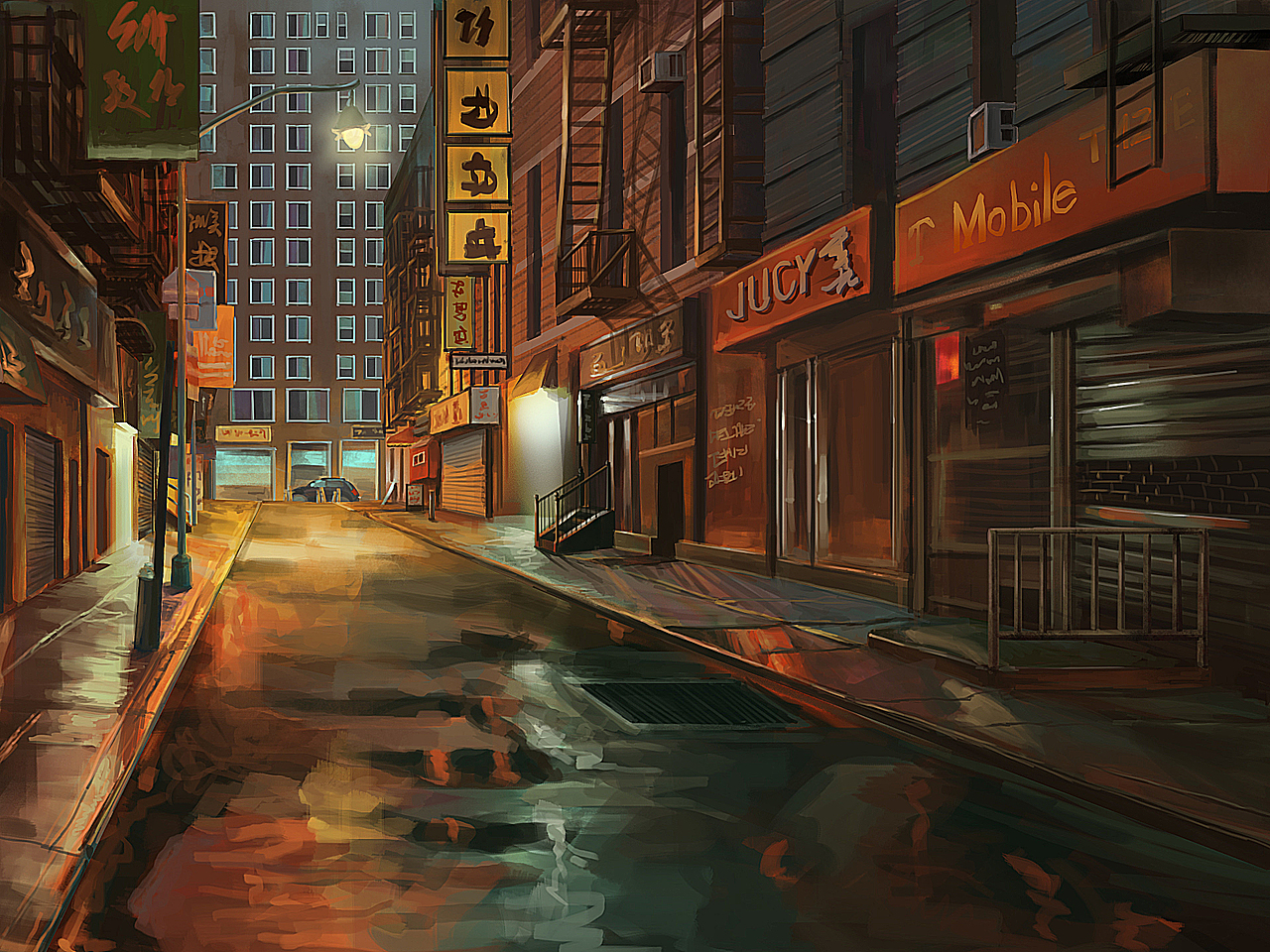 夜幕降临的雨后街道