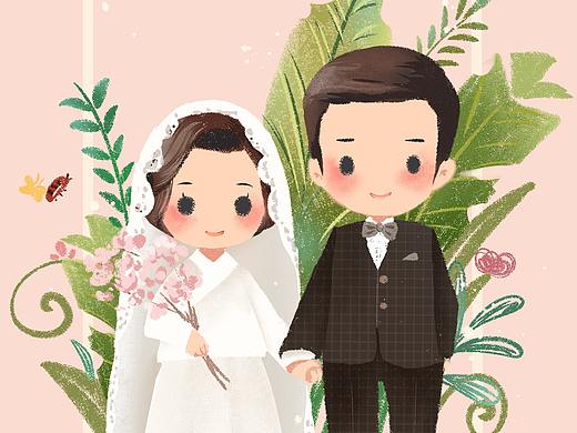 一组手绘婚纱照Q版插画