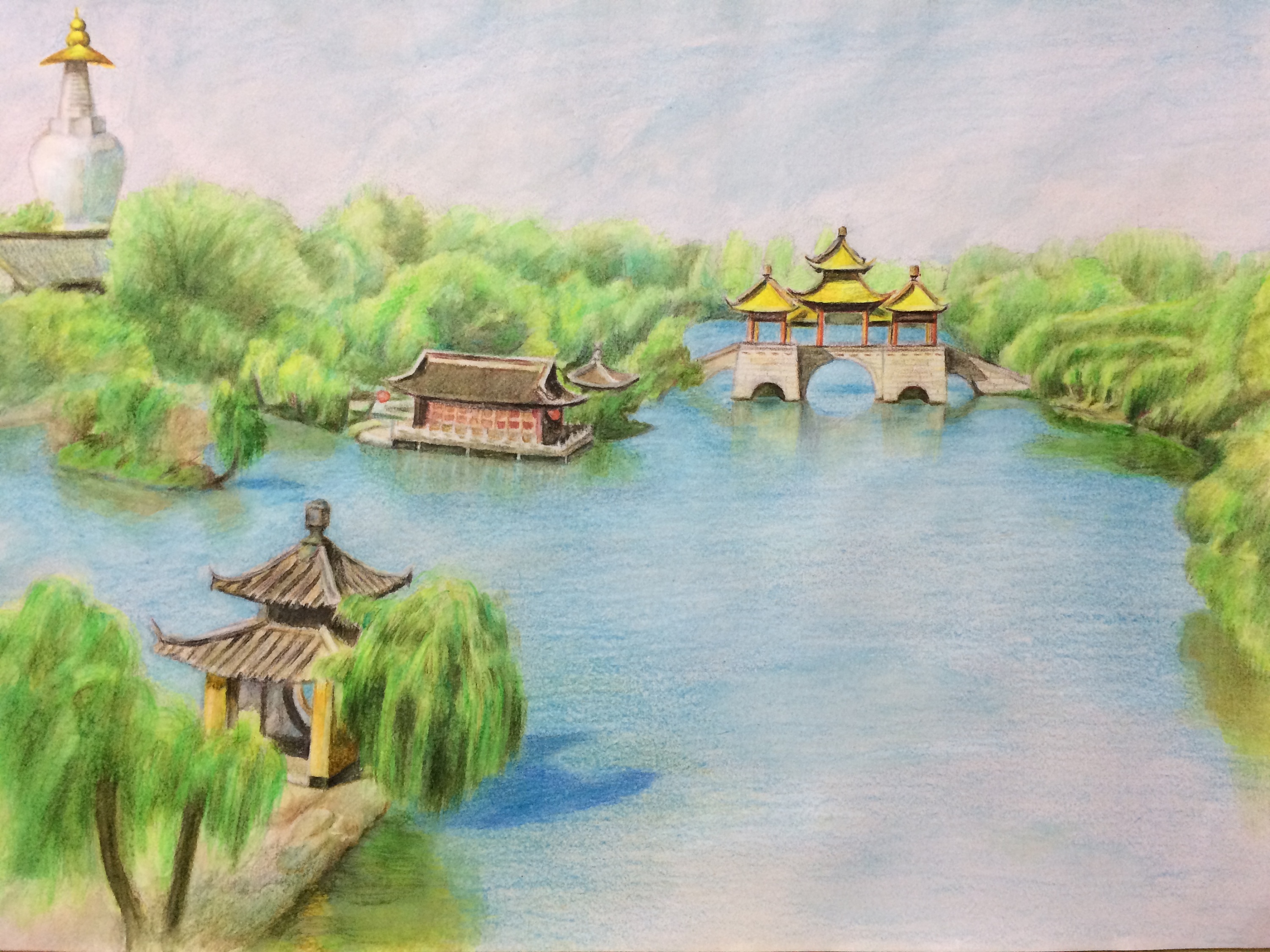 西湖风景绘画简单图片