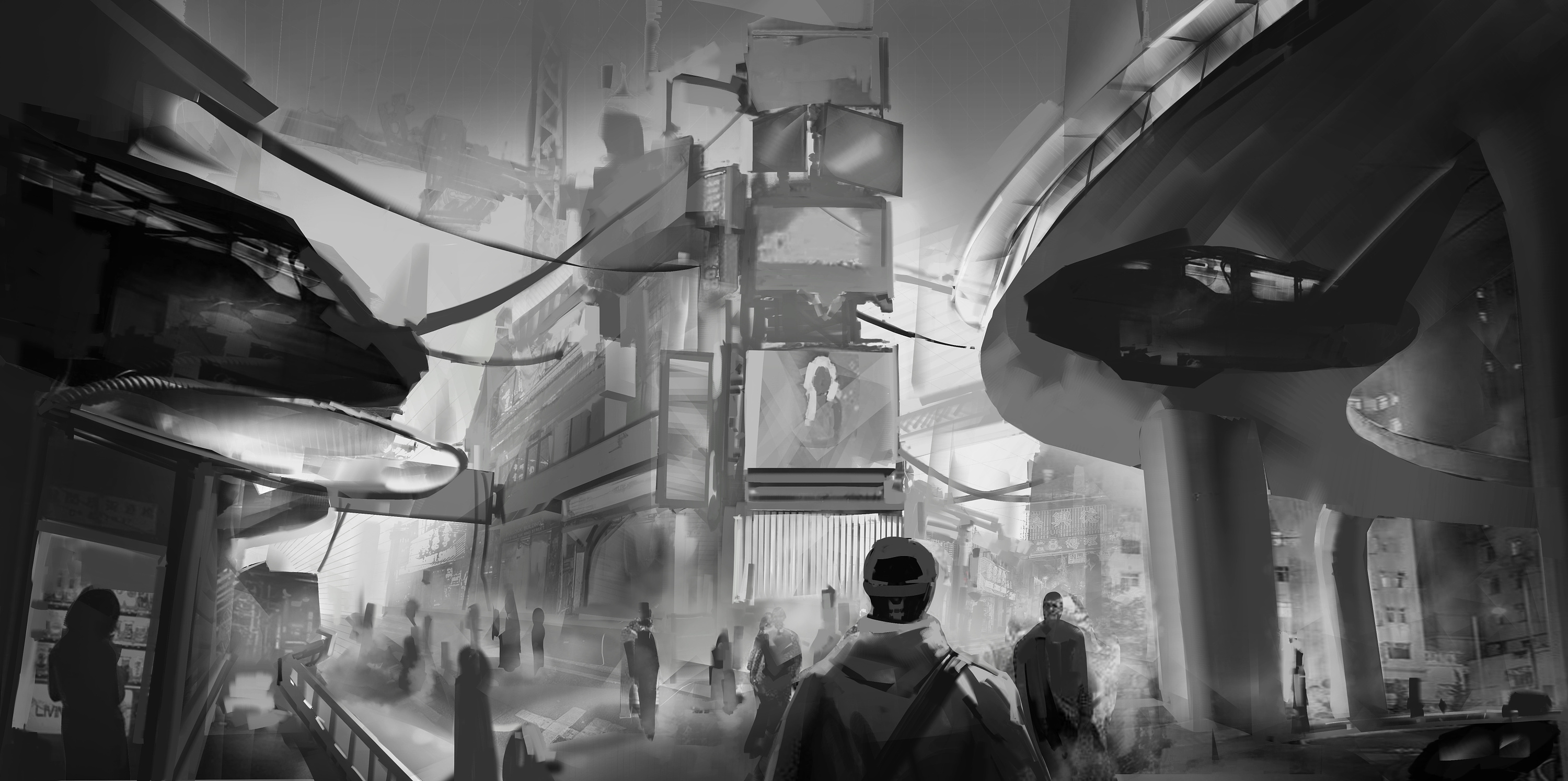 【构图练习】赛博朋克主题黑白场景