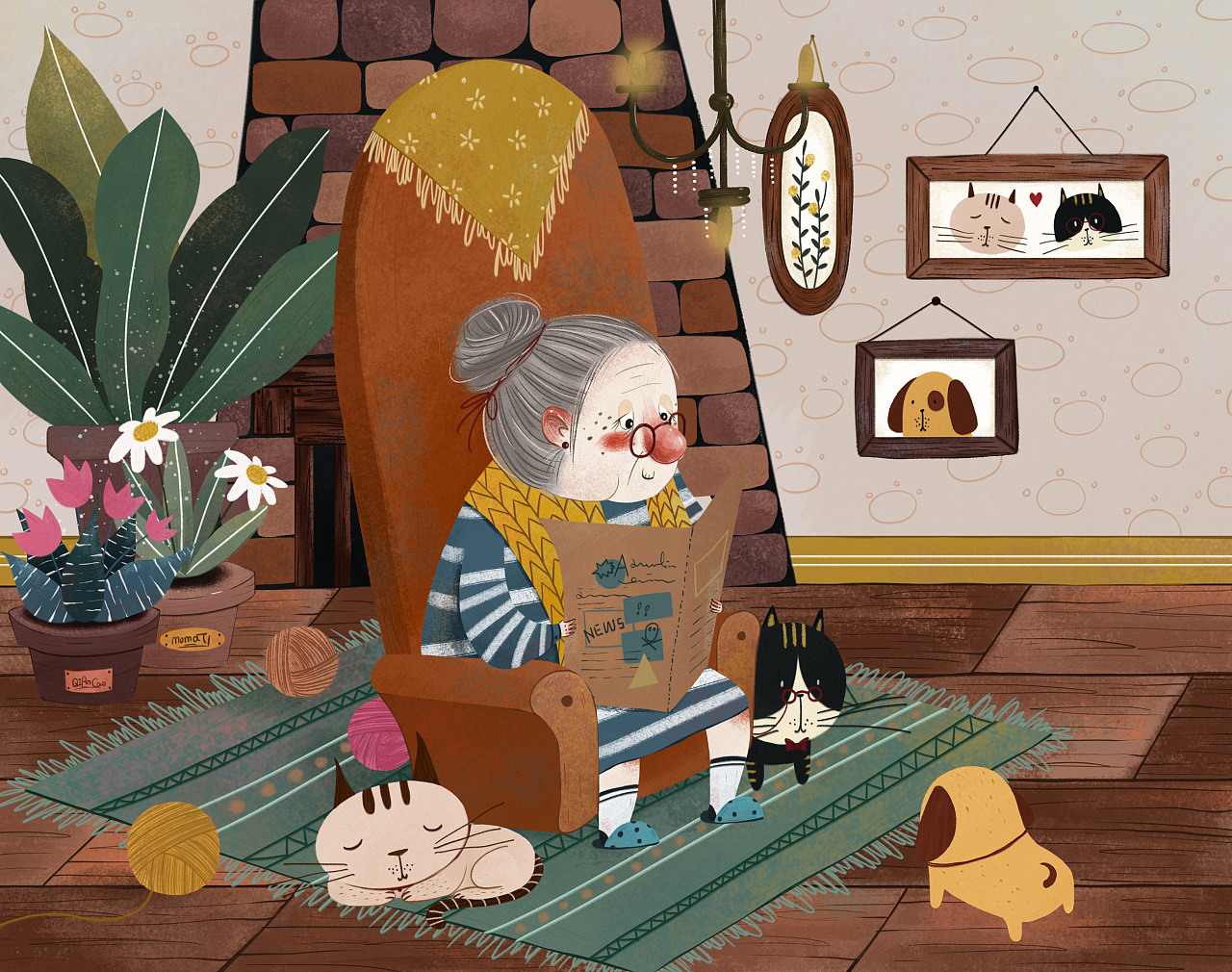 儿童插画-《看报的老奶奶》