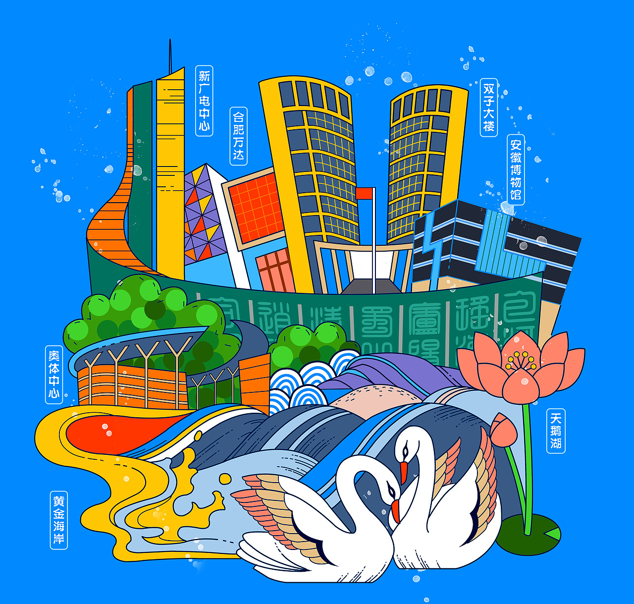 安徽合肥大湖名城创新高地系列城市文化原创插画
