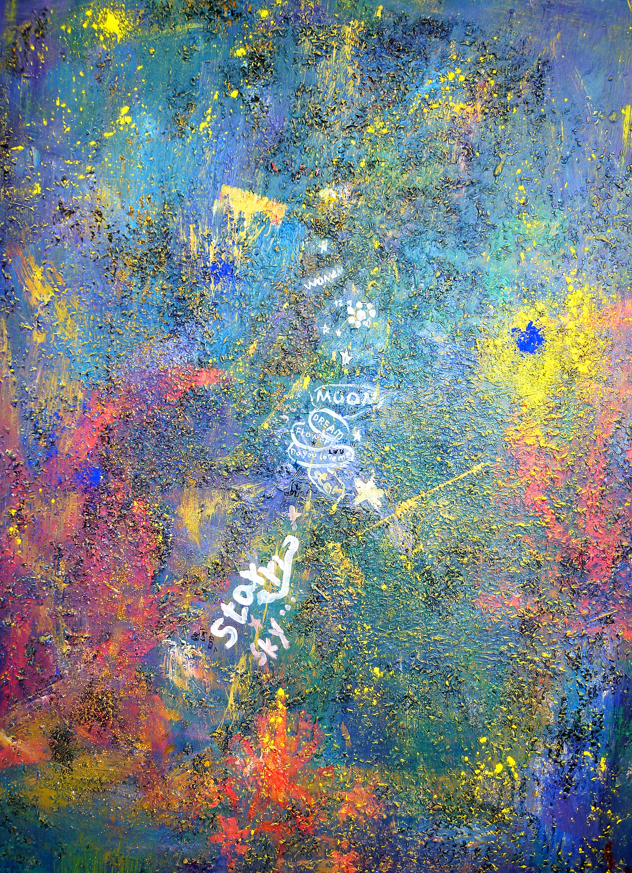 听了几首浪漫的英文歌,颜色果然很梦幻呢~~材质用到了乳白胶,谷壳,丙烯,还有亮晶晶的金粉(具体什么材质我忘了)等等。