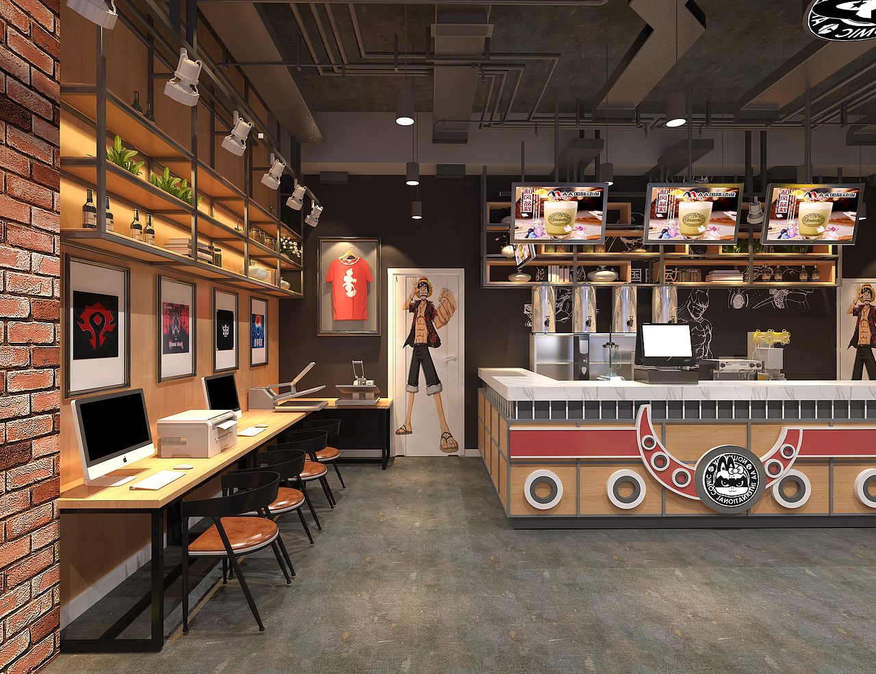 动漫主题餐饮店3D效果图,动漫休闲馆加盟,动漫餐饮店