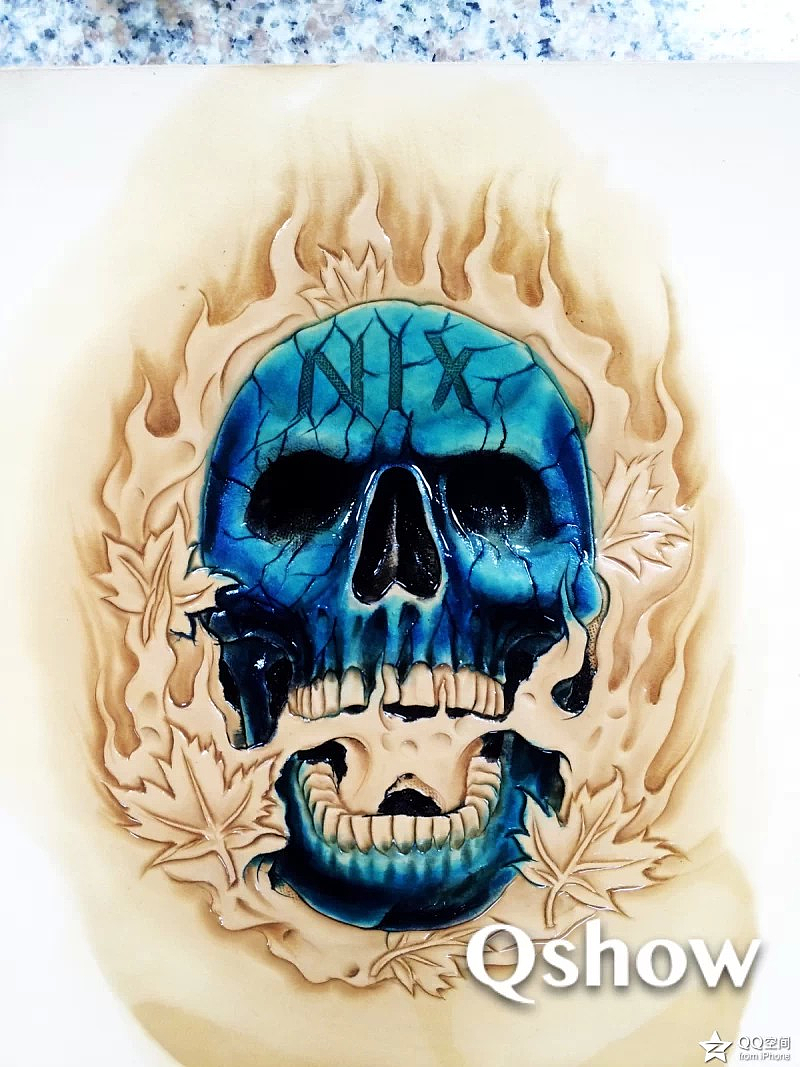 纹身手工皮雕染色绿松骷髅短夹纯手工皮雕染色长夹纯手工意大利进口