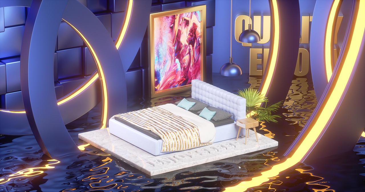 C4D夜晚床品场景