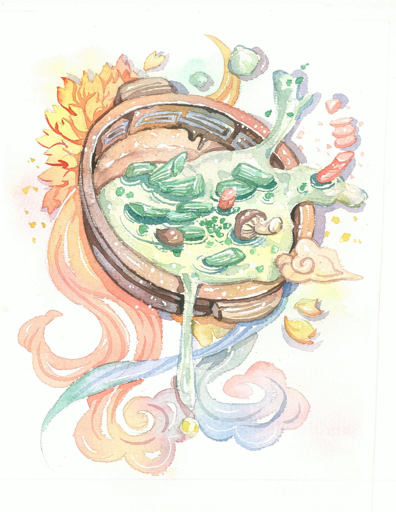 水彩手绘原创济南美食和风插画一起享受济南美味的小吃吧