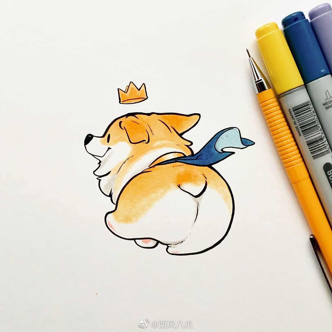 271分享原创作品插画艺术插画柯基西风八爪手绘马克笔软萌阿柴枸杞 捏