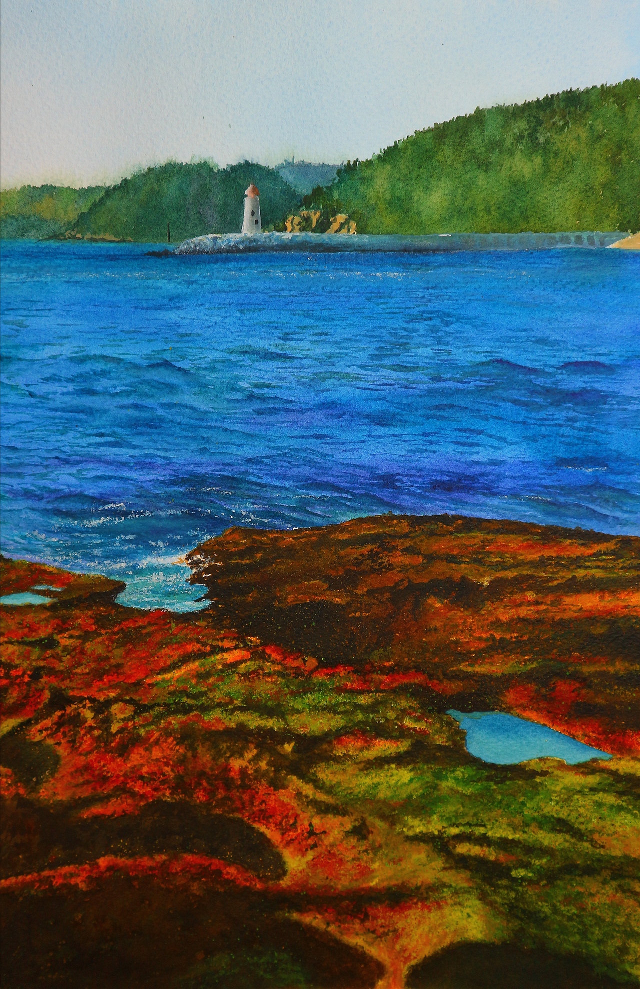 水彩画-清晨亚龙湾