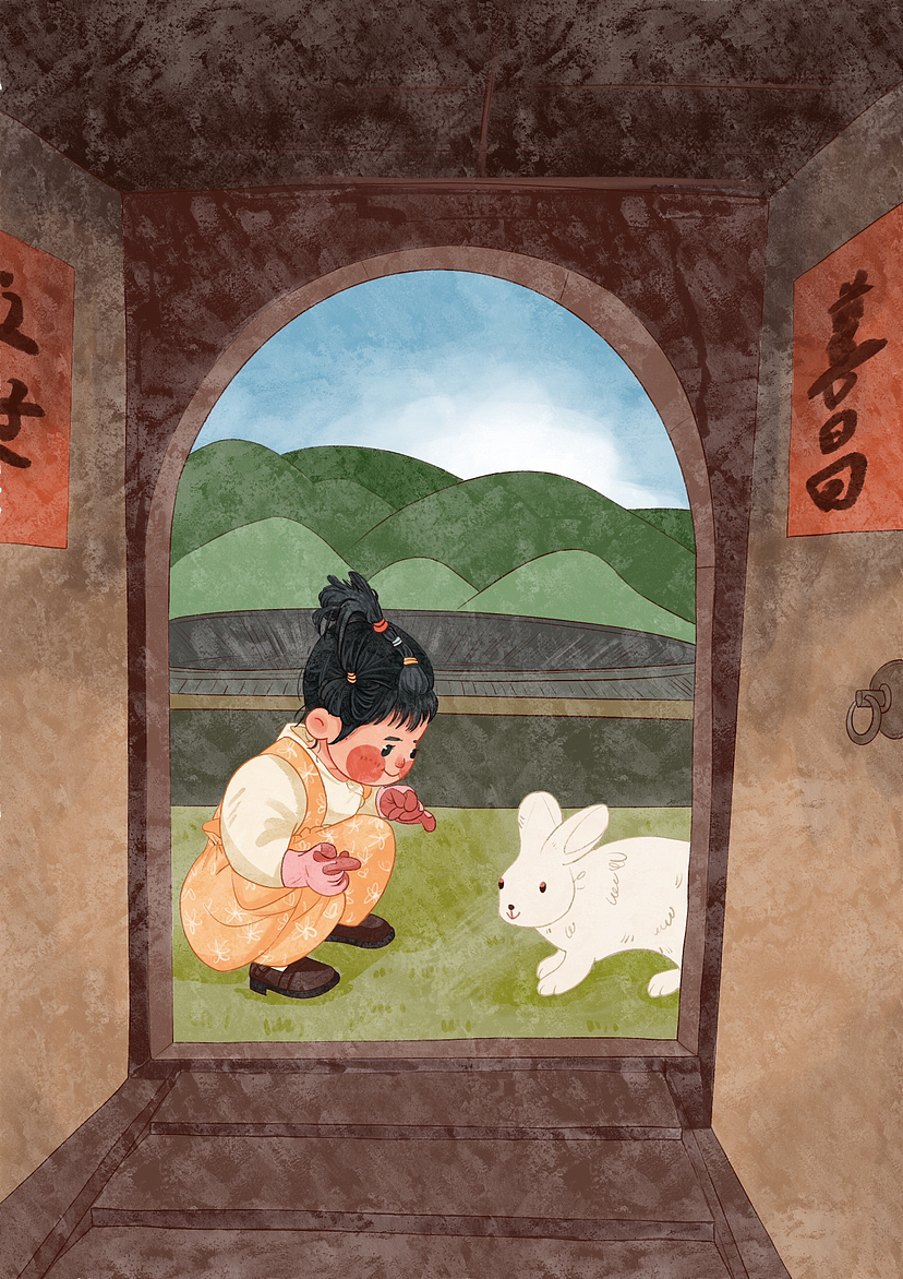 在土楼｜小兔子（图ZMzY2MzM5MTA0） - 儿童插画 - 站酷设计师蟹黄棒原创素材 - 站酷ZCOOL