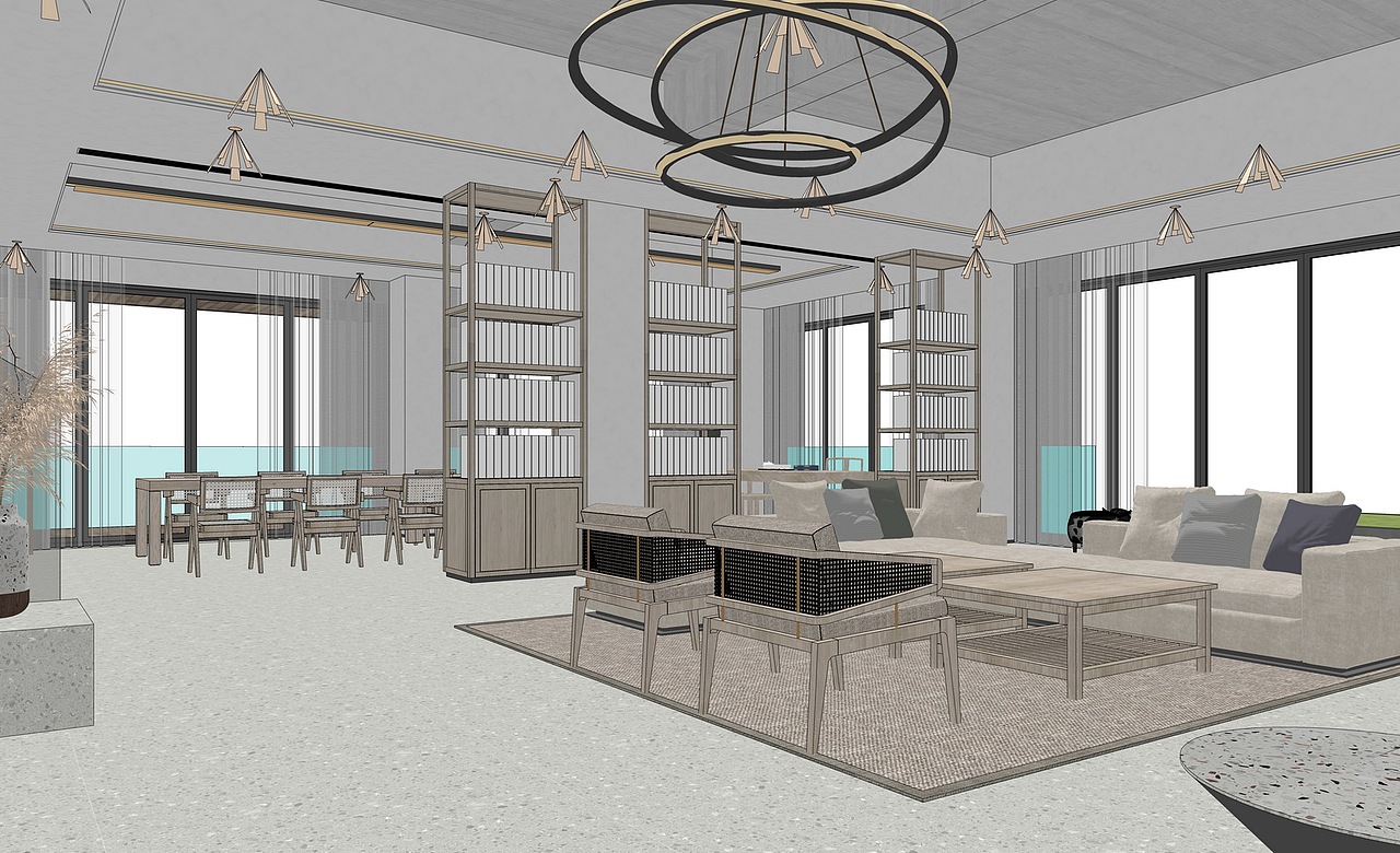 现代咖啡厅书吧SU模型下载