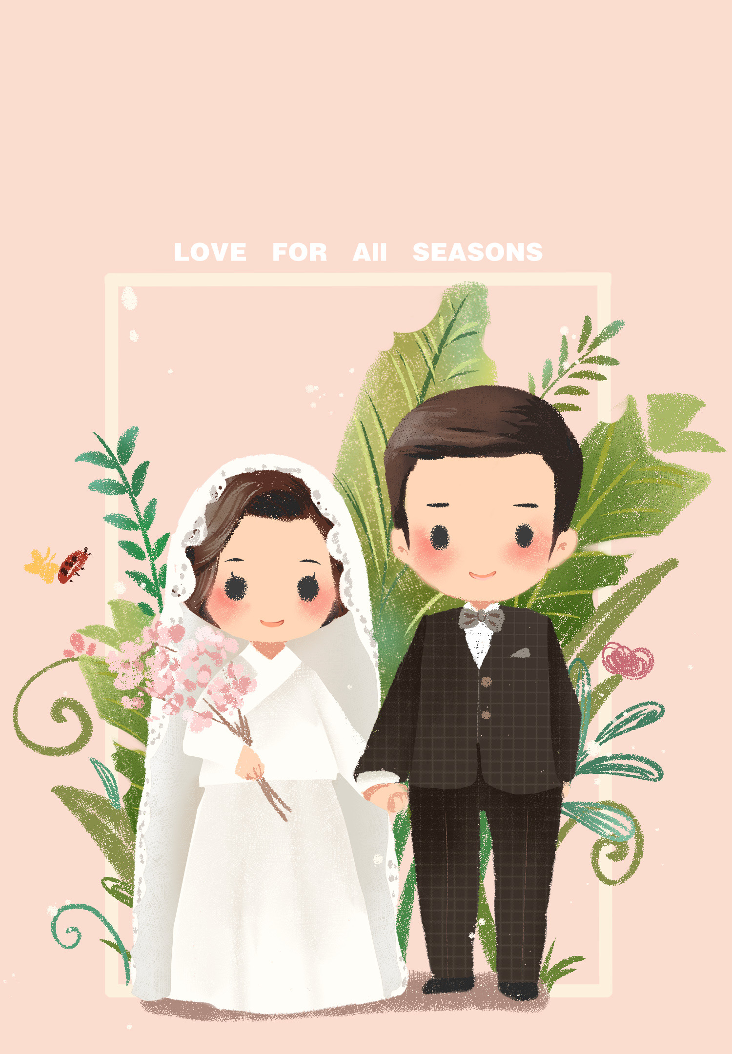 一组手绘婚纱照q版插画