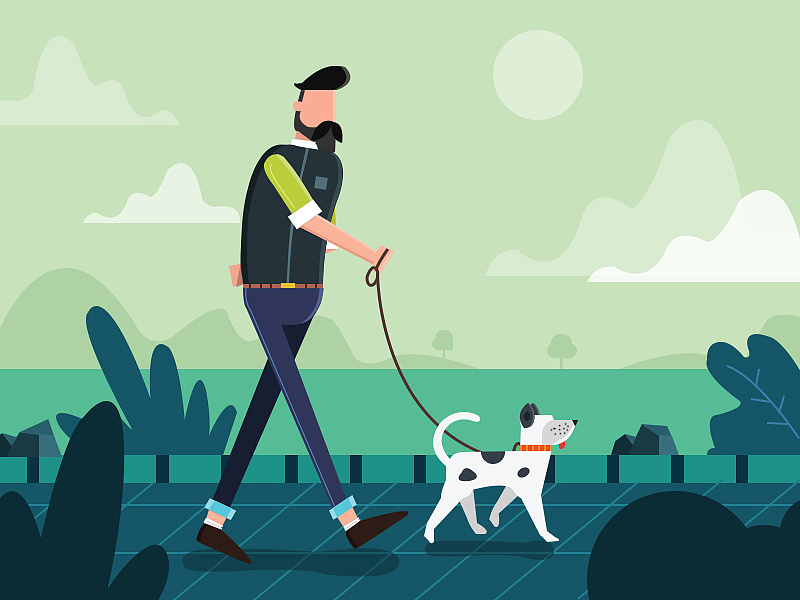 遛狗散步小插画
