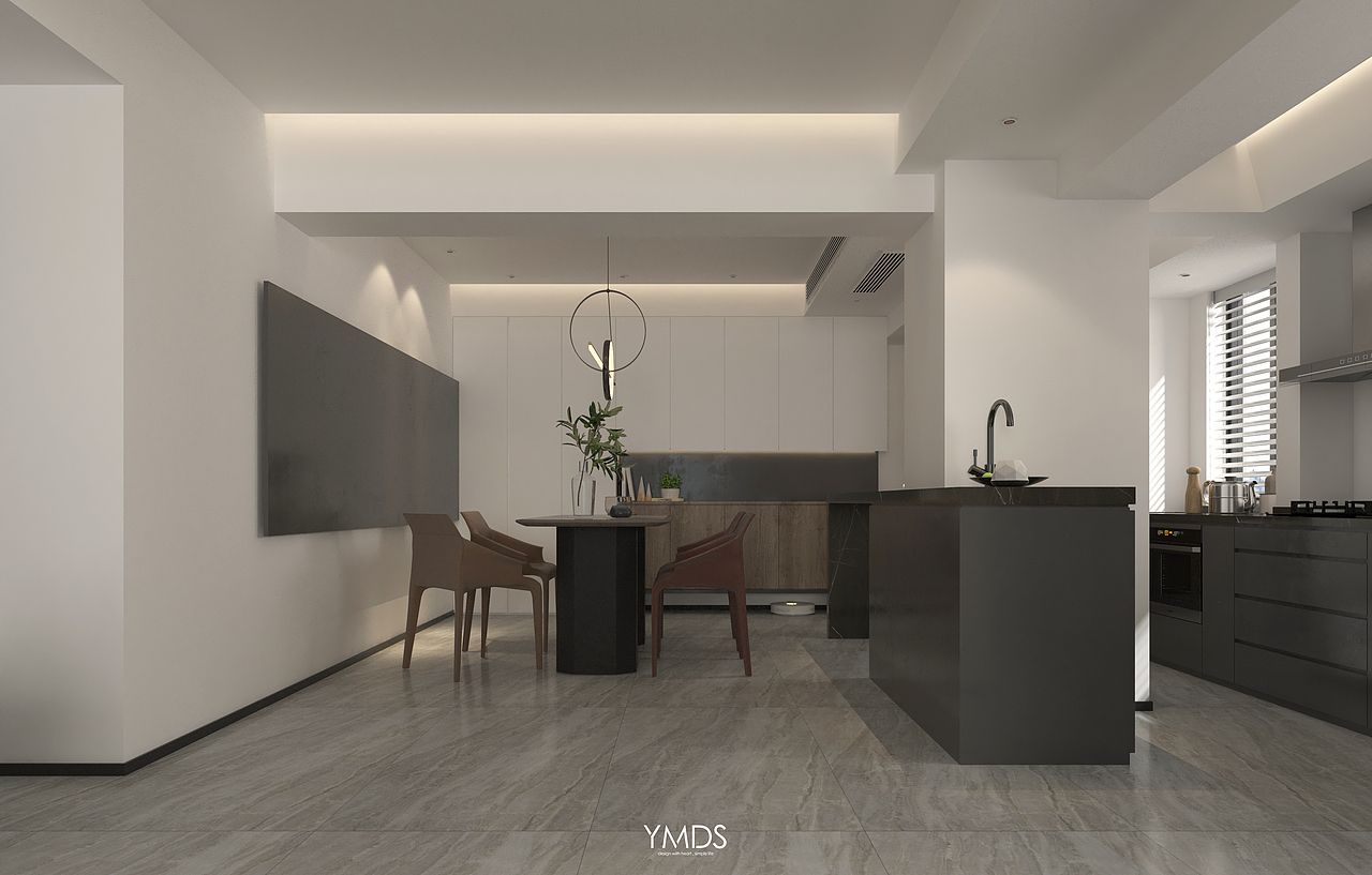 花与柜体设计采用体块穿错的方式弱化原有结构梁与承重柱,让原结构不再过于独立的存在。