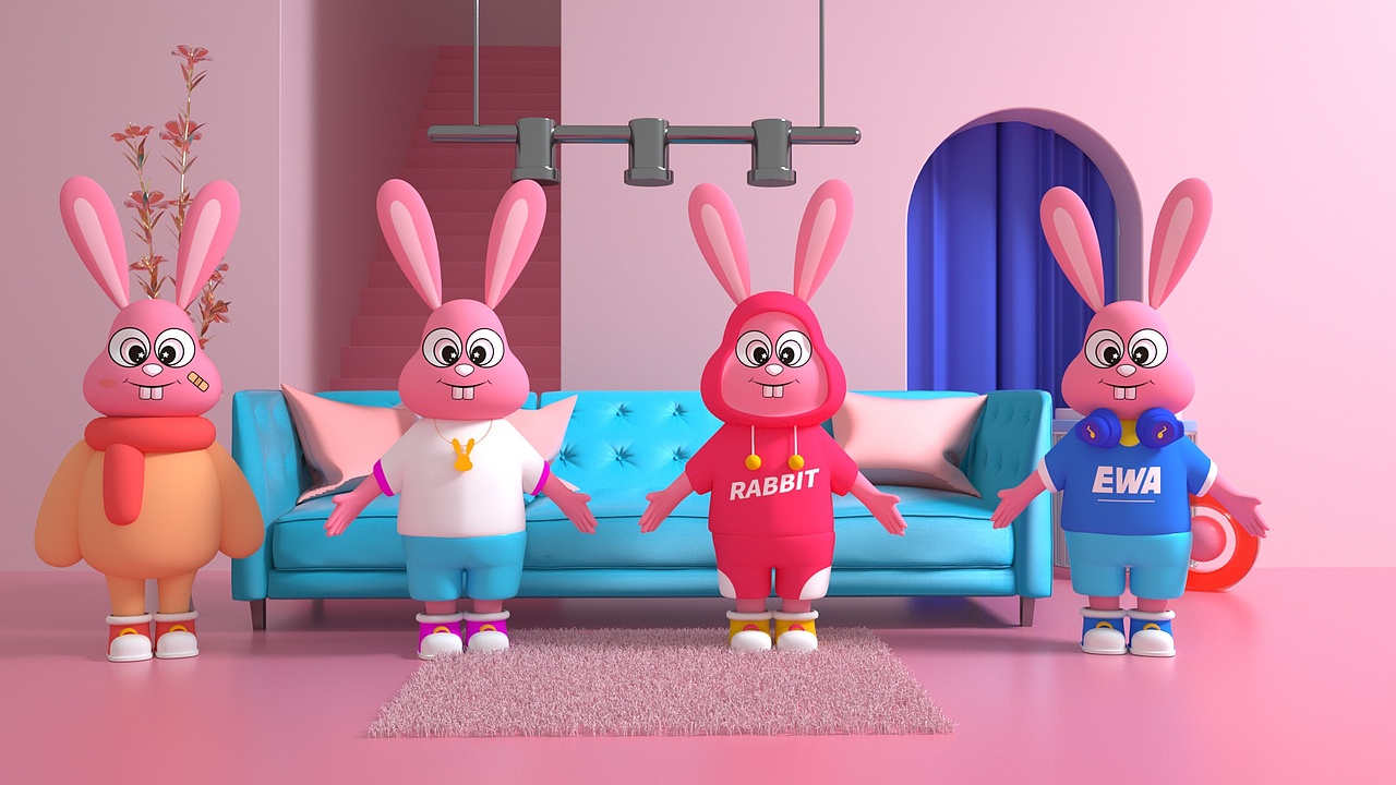 IP设计/吉祥物/一只粉红色有趣的兔子