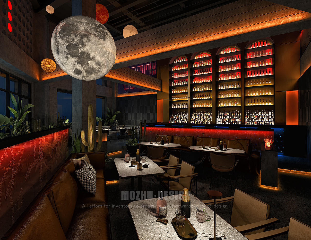 内部梁体较多
<br>在考虑预算的同时顾及整体效果<br><br>决定以梁为辅助装饰<br><br>月球灯为视觉中心<br><br>使其和谐的融入空间<br><br>其余位置以水泥漆为主