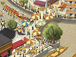 佛山叠滘古镇民俗龙船漂移主题插画创作