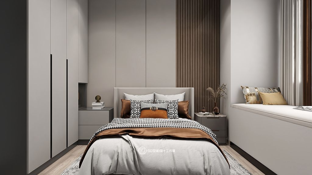 客卧同样设置了可休息靠卧的飘窗,但减少了复杂布局,只简单将墙面粉刷成白,便实现一室的清朗明亮感。背景墙再加入一侧木色格栅,搭配同色床饰品,整体统一又不失简雅端庄。