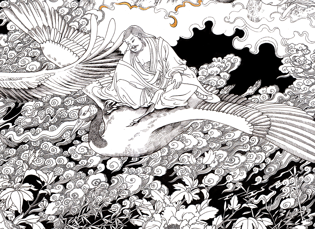 钢笔插画-仙翁九鹤祝寿图