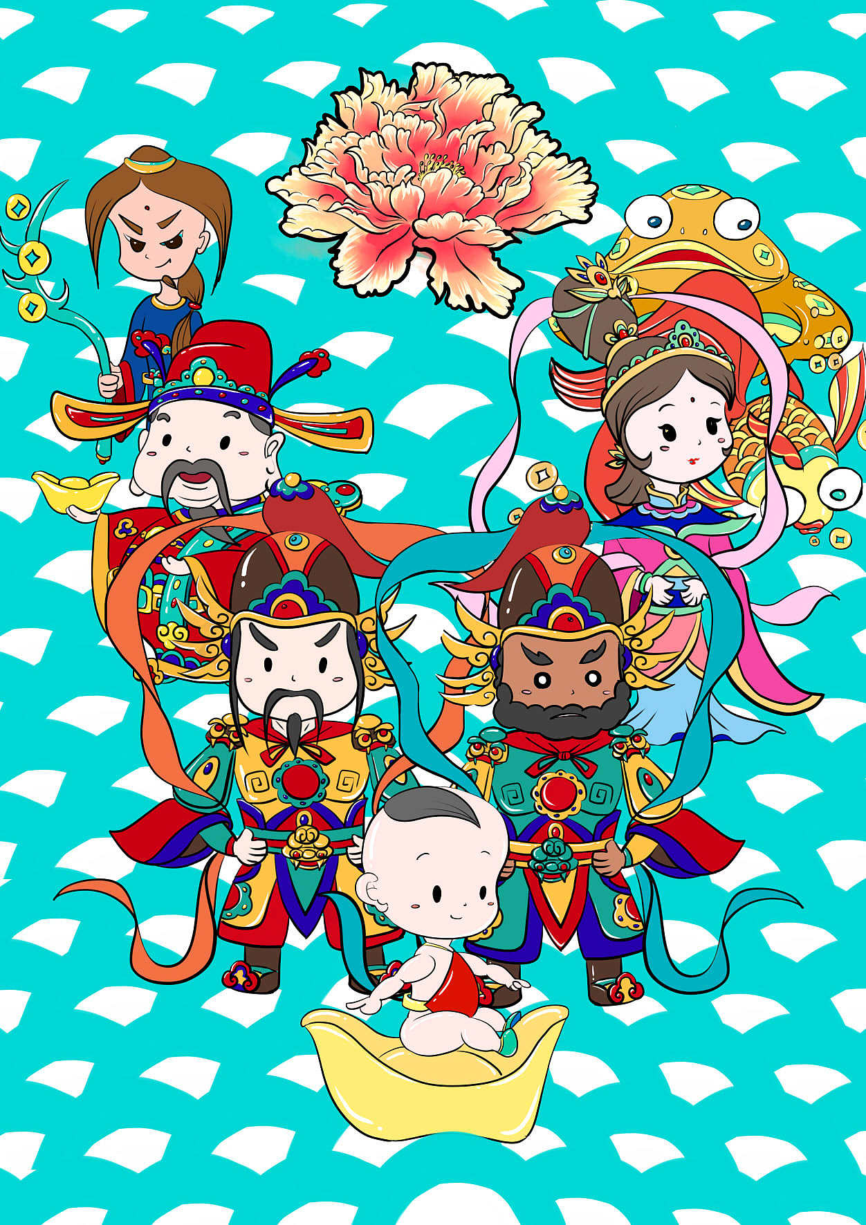 朱仙镇木版年画动漫化造型:秦琼,敬德,招财童子,天仙娘娘,财神,刘海