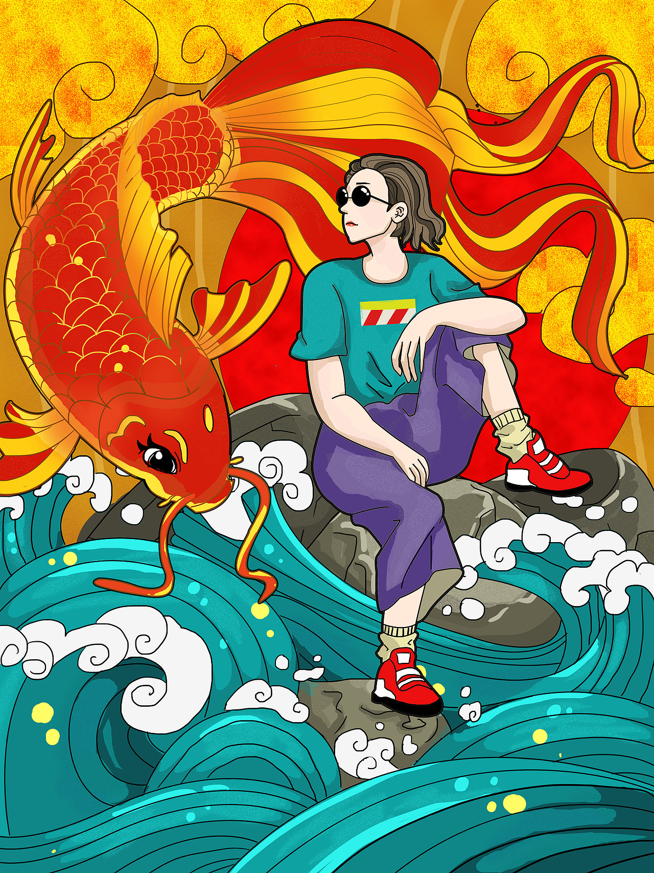 原创作品插画创作习作国潮风格锦鲤青年滑板手绘wd77wd77wd77表情05
