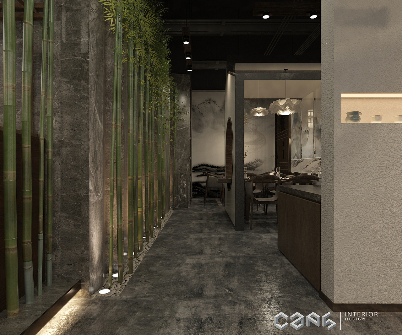 设计师充分利用竹的独特形态和天然气质,几尾绿竹作为空间装换的递进。在柔和自然的灯光映衬下,竹影下的一木一石均呈现出其天然本色,更带来富有韵律感的光影效果,让空间显得格外幽静安然。