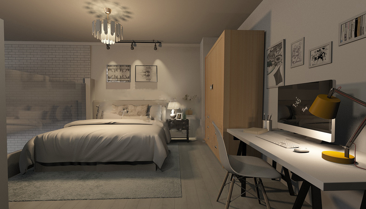 这张卧室有部分打了马赛克 ,是因为:自己加了水印,然后手贱的把原图删了 ,又懒的重新渲染。 哈哈哈