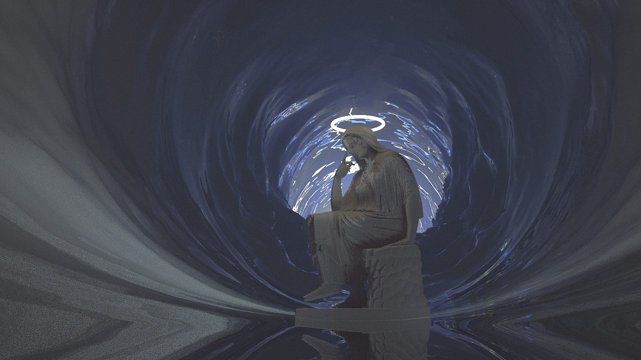 c4d山洞坐立冥想石膏像