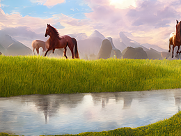 #站酷梦笔#马，夕阳，史诗，远景，极其详细，辛烷渲染