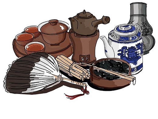 潮汕姑娘小红鱼原创手绘插画 潮汕文化 潮汕工夫茶