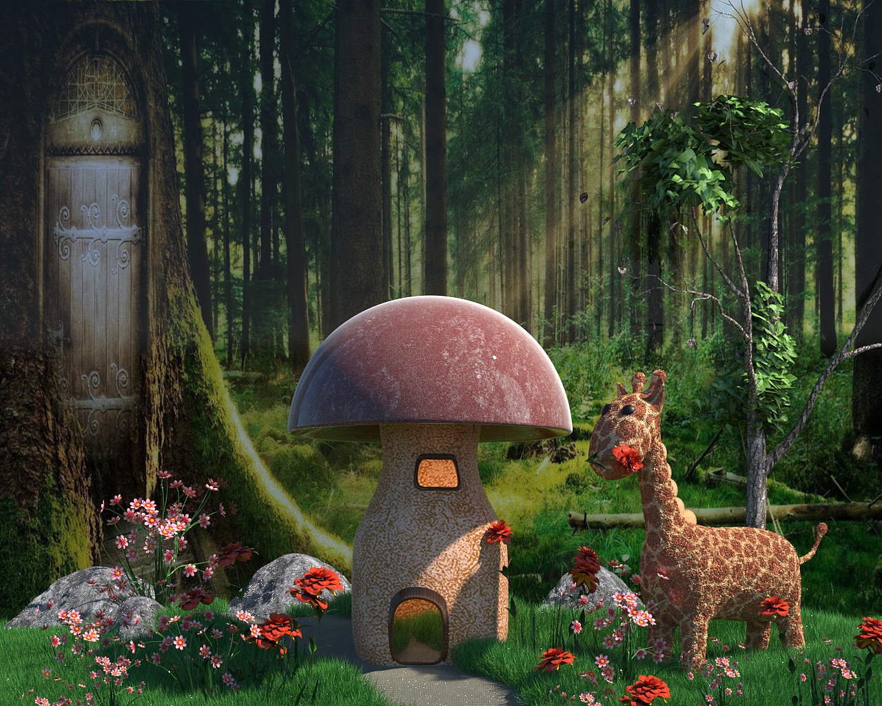 C4D合成海报练习-超现实蘑菇小鹿