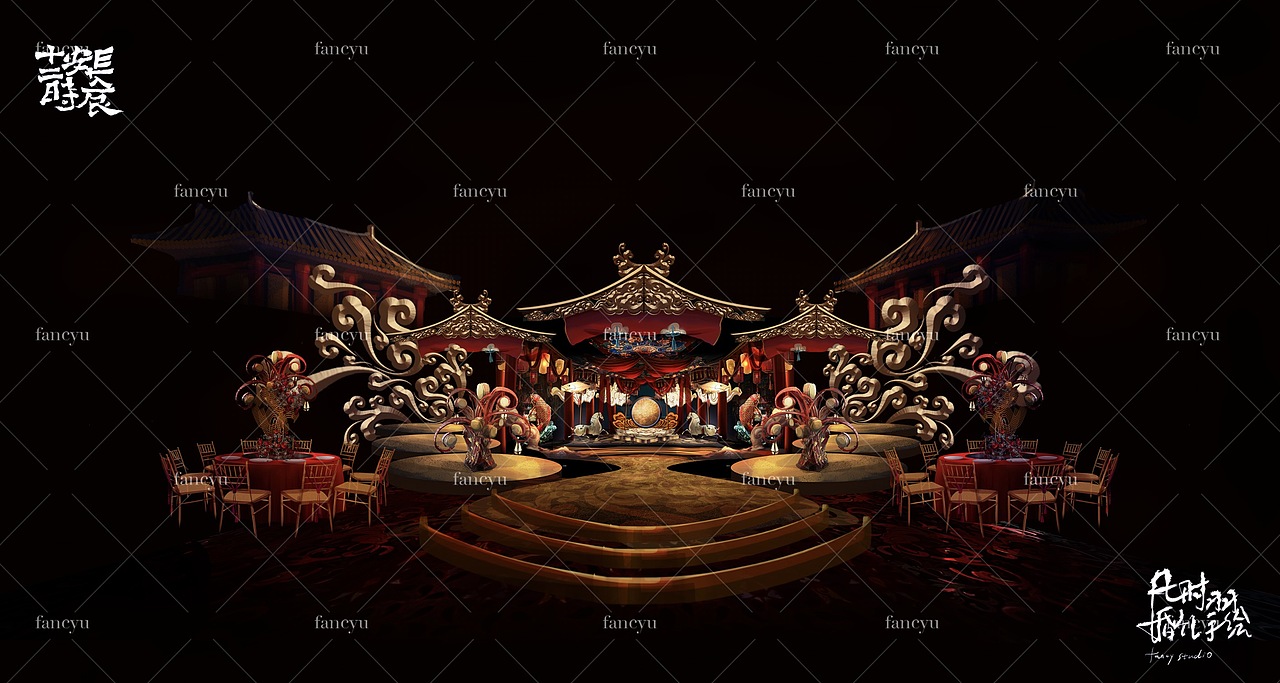 「长安十二时辰」中式唐风主题婚礼手绘效果图