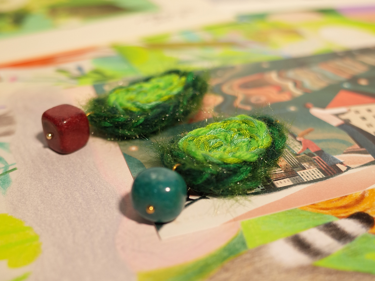 原创|绿色系刺绣耳环