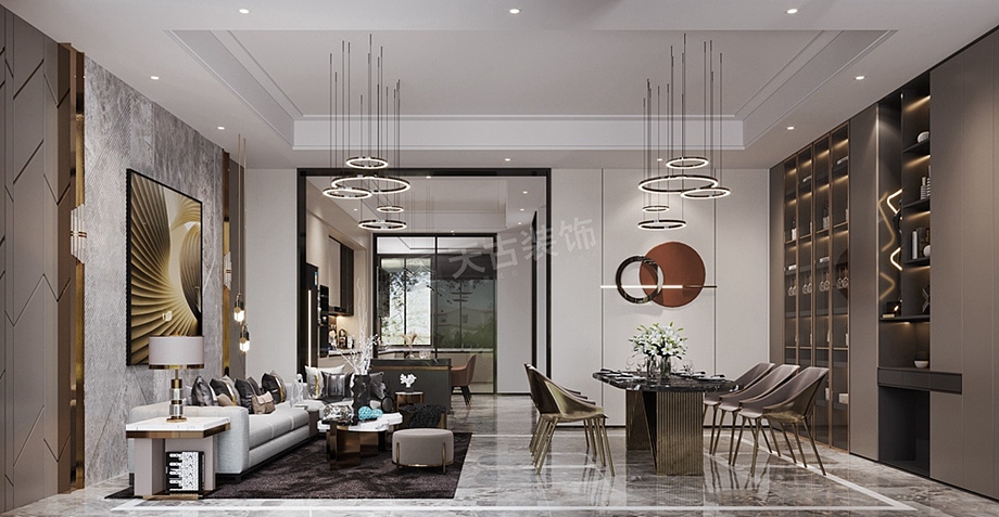 协信彩云湖联排别墅装修案例,现代轻奢风设计效果图