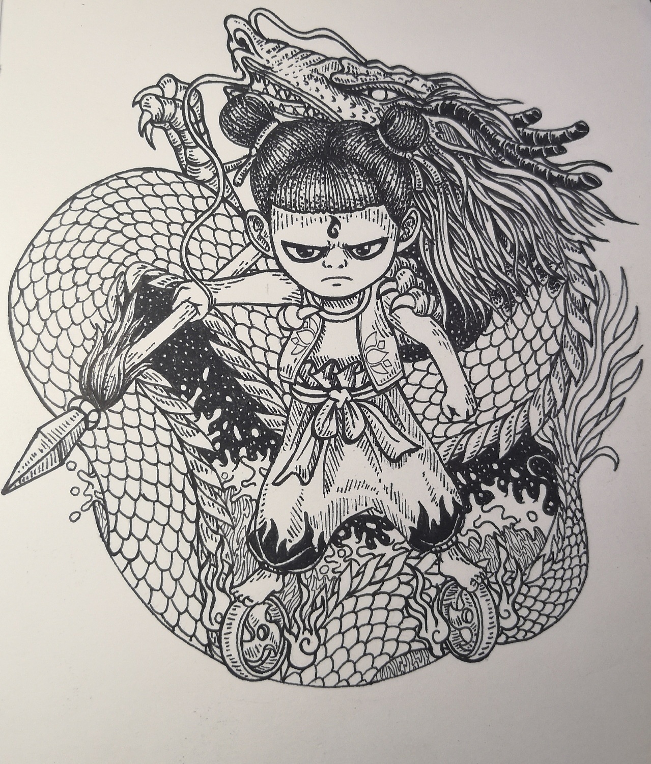 黑白插画—小哪吒